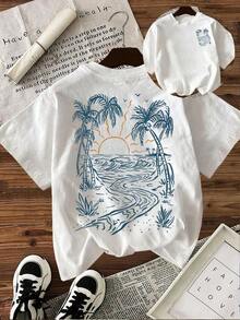 Women's Palm Tree Print Casual Round Neck Short Sleeve T-Shirt, Vacation/Resort WearPrinted Round Neck Short Sleeve Women's Tee - Daily Casual, Sports - 白色 - 查看 13