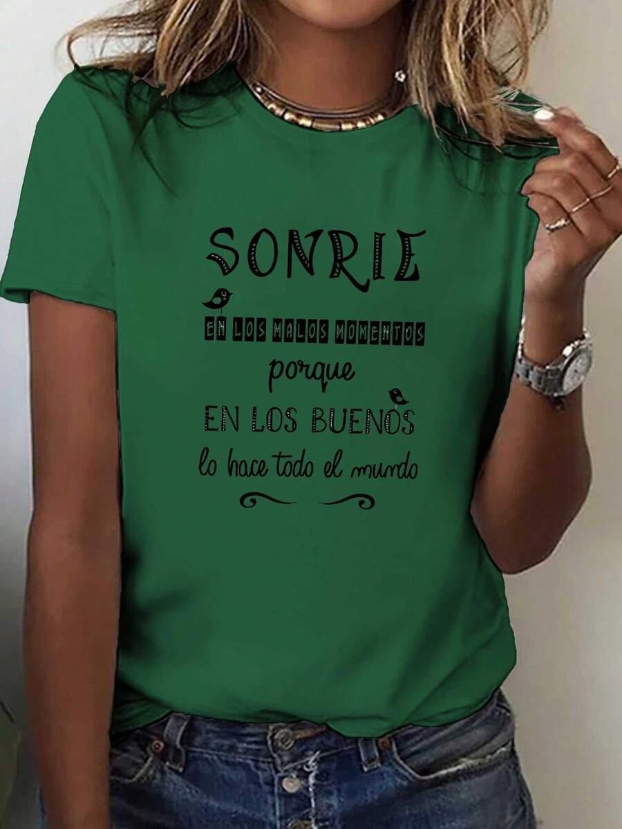 Camiseta con estampado divertido de temática española, de manga corta y cuello redondo, estilo casual, adecuada para primavera y verano, ropa de mujer para el verano. - Verde - Ver 1