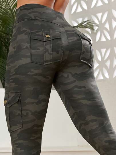 Women'S Camouflage Print Sports Yoga Leggings, Multi-Pocket Casual Fitness Skinny Pants Tights Spring