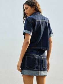 Maija Conjunto casual de blusa de manga corta de un solo pecho y falda de mezclilla para mujer - Azul lavado oscuro 2 - Ver 2