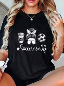 100% Cotton T-Shirt For Soccer-Playing Moms - Soccer Lover T-Shirt - Unisex Vintage Urban Style, Loose Fit, Cotton, Short Sleeve, Round Neck, 100% Pure Cotton - 黑色 - 查看 1