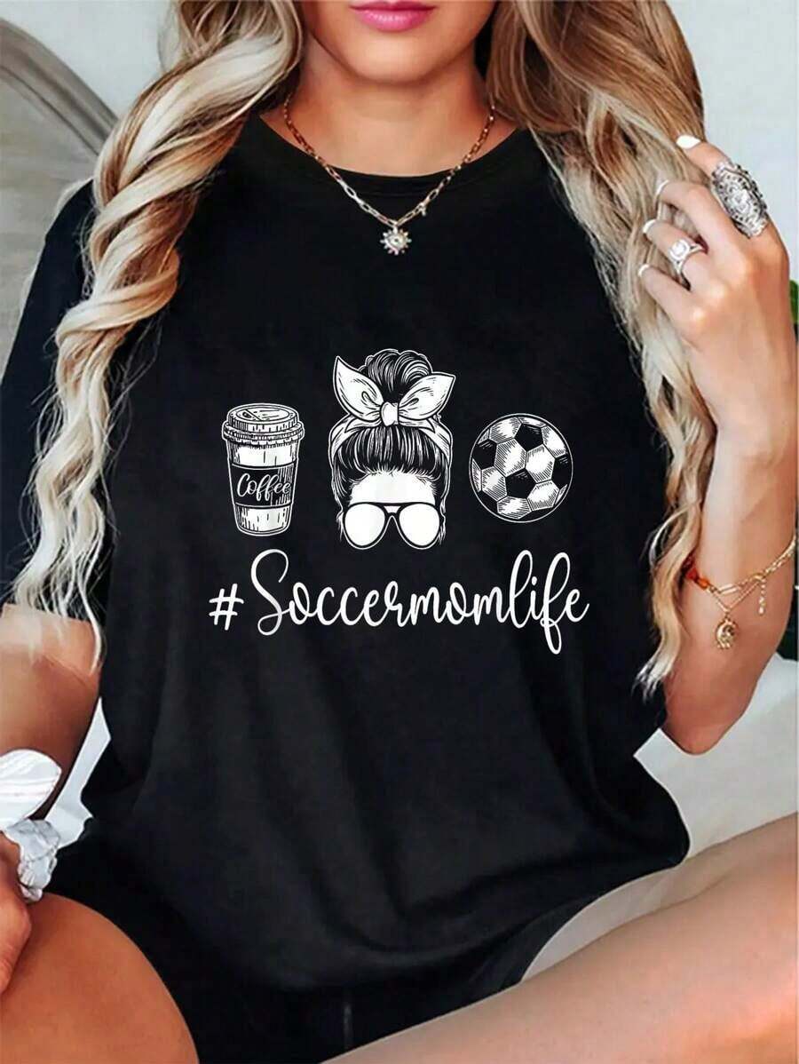100% Cotton T-Shirt For Soccer-Playing Moms - Soccer Lover T-Shirt - Unisex Vintage Urban Style, Loose Fit, Cotton, Short Sleeve, Round Neck, 100% Pure Cotton - 黑色 - 查看 1