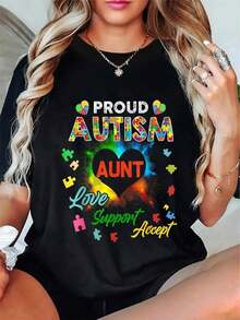 Camiseta Gráfica "Tía Orgullosa del Autismo" - Manga Corta Casual, Diseño Geométrico, Corazón Colorido y Arcoíris, Ropa de Concientización Familiar, Primavera/Verano/Otoño, Ropa de Concientización sobre el Autismo |   Estilo Casual |   Impresión de Calidad - Negro - Ver 6