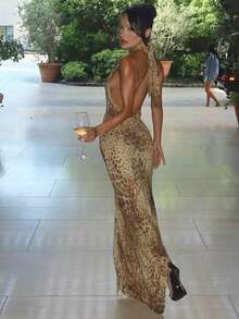 Leopard Print Dress With Halter Neck And Open Back, Fitted Cut - Gold - View 7