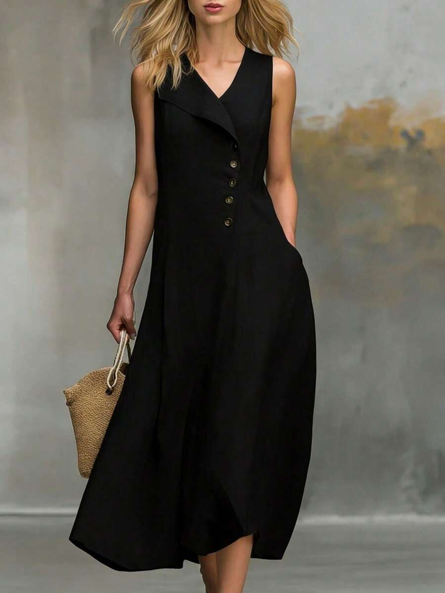 Vestido nuevo sin mangas para mujer, de moda y casual, color liso, cuello con solapas, cierre de botones, bajo ajustado, diseño favorecedor, perfecto para looks de día y de oficina - Negro - Ver 1