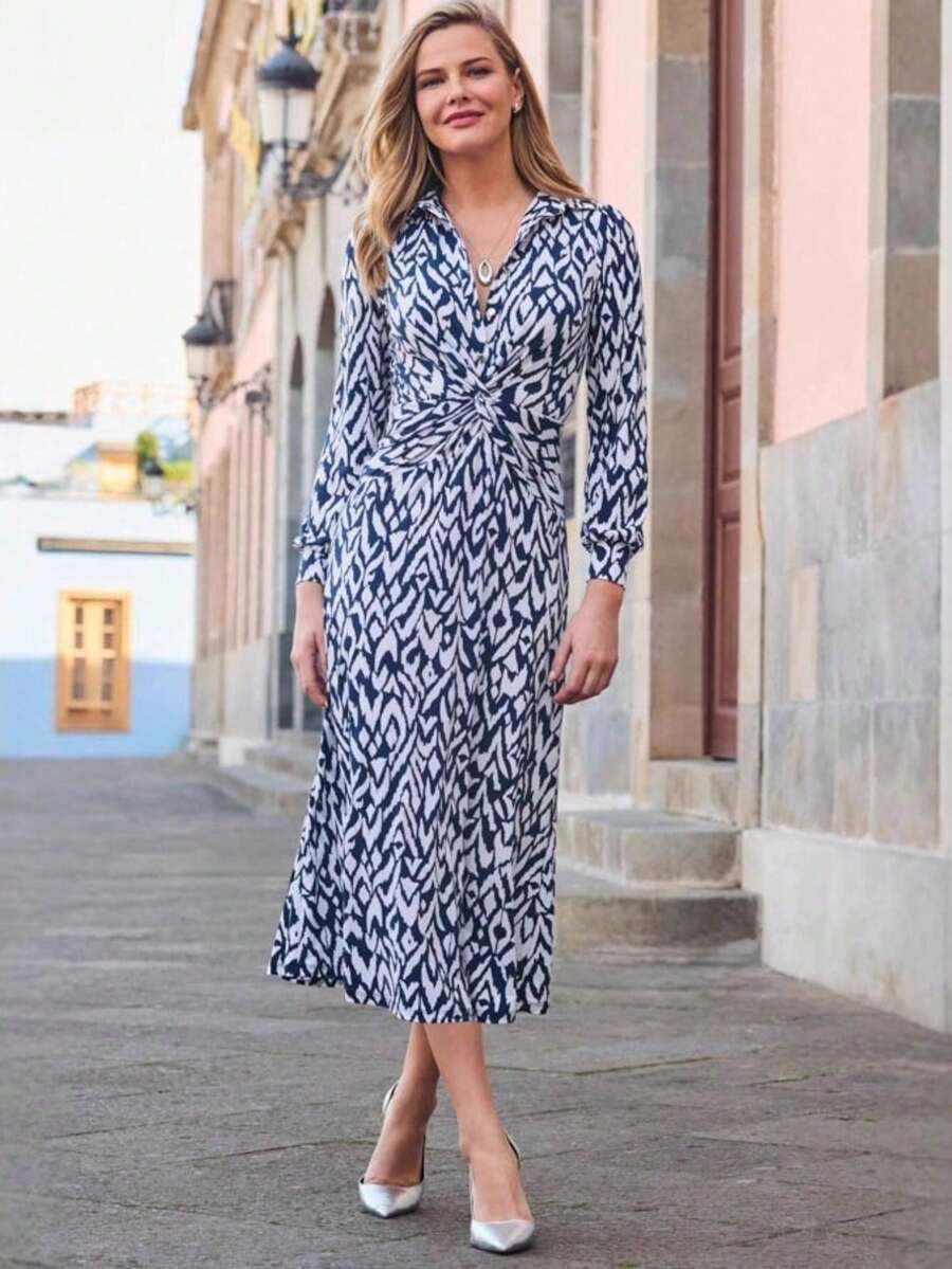 Vestido largo de manga larga para mujer, de otoño-invierno, estampado, diseño de botones con nudo/twist, corte ajustado y favorecedor, estilo casual y elegante, perfecto para el día y la noche - Azul lavado medio - Ver 1
