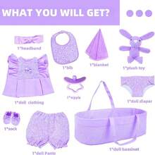10-Piece 18-Inch Baby Doll Basket Set Includes Doll Clothes, Bassinet, Doll, Bibs, And Pacifiers. A Great Gift For Girls, Baby Dolls, Children's Toys, Party Favors, Doll Accessories, And Holiday Gifts. - Màu tím - Xem 3