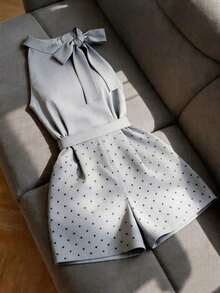 Mono corto sin mangas para mujer, mono de pierna ancha de nueva llegada 2026, mono elegante de lunares grises con cintura ceñida que estiliza, adecuado para ir al trabajo, ocasiones formales y uso diario - Gris - Ver 8