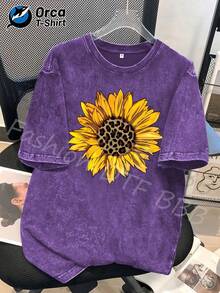 Camiseta de mujer con estampado de leopardo y diseño de girasol, camiseta estampada, camiseta de moda de algodón lavado de alta calidad, camiseta unisex, popular para uso diario, adecuada como regalo para familiares y amigos en ocasiones como Pascua, Día de la Madre, Día de la Independencia, etc. Informal. - marrón café - Ver 7