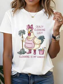 Camiseta de tela suave para mujer, talla grande, de manga corta, camiseta estampada para mujer "Crazy Cleaning", top casual de manga corta con cuello redondo, camiseta de moda para mujer de primavera y verano. - Blanco - Ver 1