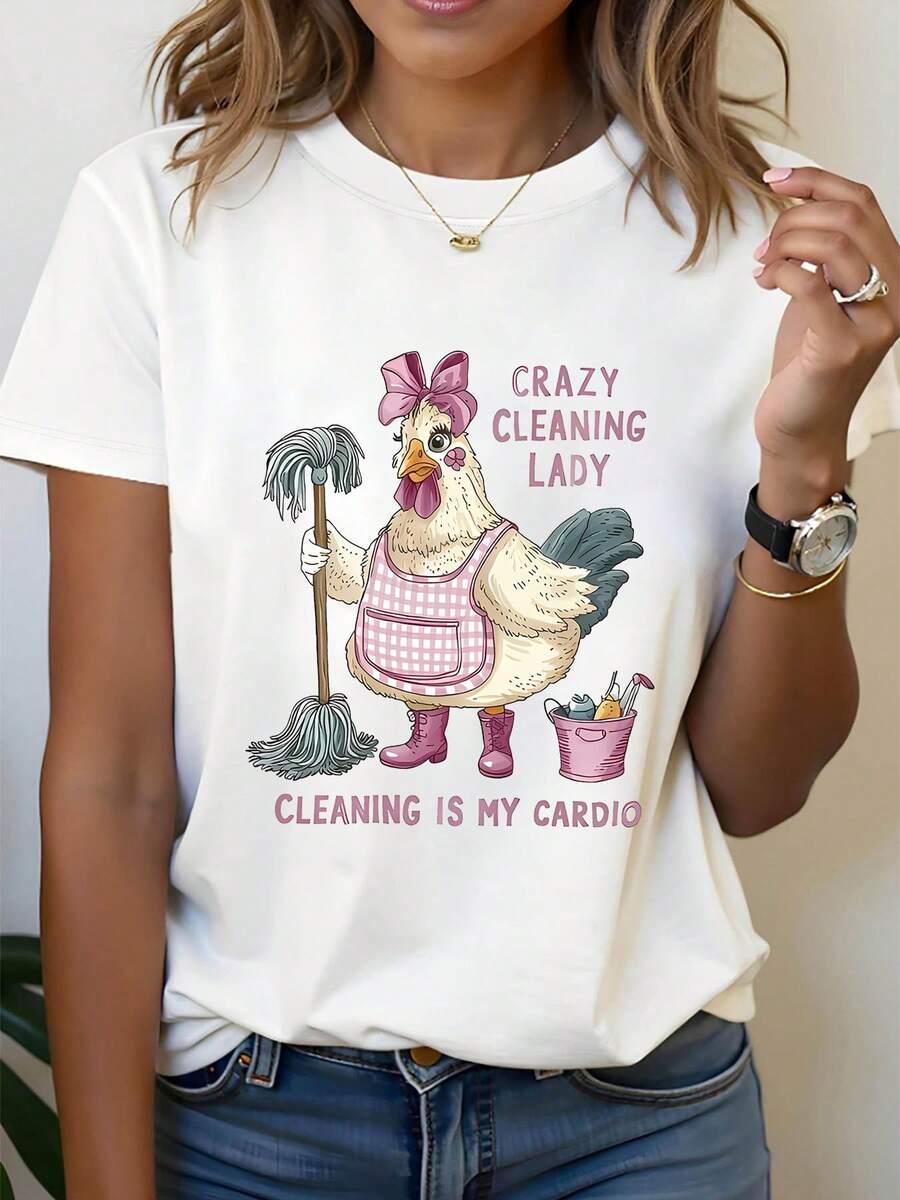 Camiseta de tela suave para mujer, talla grande, de manga corta, camiseta estampada para mujer "Crazy Cleaning", top casual de manga corta con cuello redondo, camiseta de moda para mujer de primavera y verano. - Blanco - Ver 1