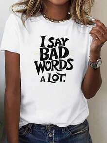 Camiseta gráfica para mujer con estampado "Digo muchas malas palabras" - Camiseta casual de corte holgado con estampado llamativo en blanco, manga corta, cuello redondo, ideal para atuendos casuales y para usar en capas - Camiseta con eslogan divertido para mujer, estilo de fin de semana, pieza para usar en capas, diseño humorístico, moda urbana, tela suave, material transpirable, camiseta estampada, para amantes del humor, para adultos. - Negro - Ver 6