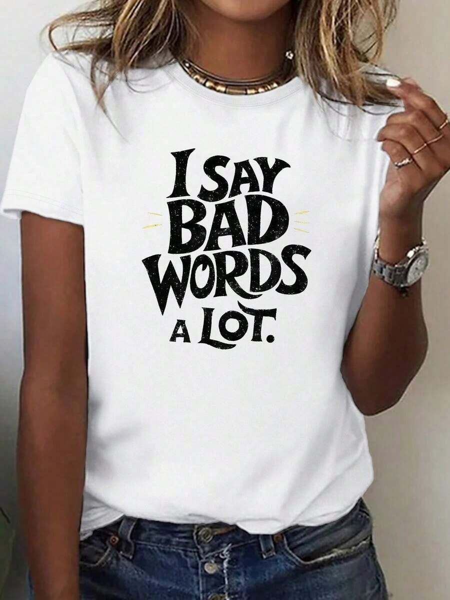 Women's Graphic T-Shirt With "I Swear A Lot" Print - Casual Loose Fit T-Shirt With Eye-Catching Print On White, Short Sleeve, Crew Neck, Ideal For Casual Outfits And Layering - Funny Slogan T-Shirt For Women, Weekend Style, Layering Piece, Humorous Design, Streetwear, Soft Fabric, Breathable Material, Printed T-Shirt, For Humor Lovers, Adults. - 白色 - 查看 1