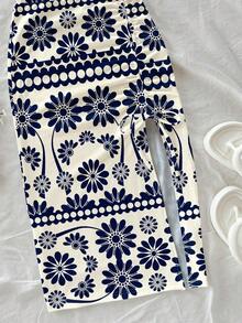 Conjunto de 2 piezas de top de tirantes con estampado floral y falda midi con lazo fruncido en la cintura, adecuado para verano, vacaciones y atuendo de playa - Multicolor 4 - Ver 4