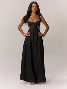Mono de Pierna Ancha Extrema con Copas Drapeadas en el Frente, Laterales Recortados, Espalda Abierta, Estilo Boho Western para Vacaciones de Primavera Verano, Ropa de Playa Elegante, Ideal para Vacaciones en Ibiza, Invitada de Boda, Noche de Citas, Sexy, Bohemio, Verde, Primavera Verano, Fiesta de Boda, Casual - Negro - Ver 6
