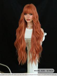 7JHH WIGS Extra Long Body Wave Orange Wig For Women 32 Inch Elegant Wavy Curly Wig With Bangs, Natural Looking Soft Fluffy Synthetic Heat Resistant Fiber Hair Wig For Daily Wear, Music Festival Party Use - 亮橙色 - 查看 4