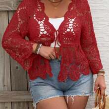Plus Size Casual Solid Color Openwork Knit Cardigan Winter Fall Autumn - Rojo - Ver 1