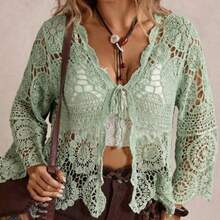 Plus Size Casual Solid Color Openwork Knit Cardigan Winter Fall Autumn - verde menta - Ver 1