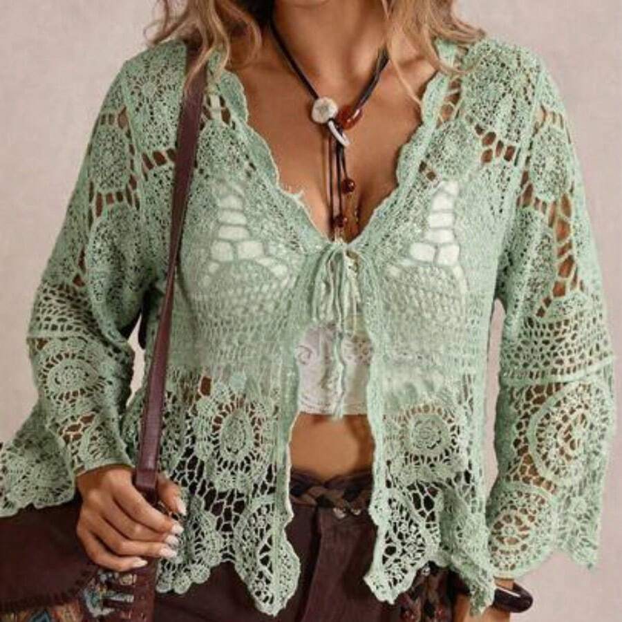 Plus Size Casual Solid Color Openwork Knit Cardigan Winter Fall Autumn - verde menta - Ver 1