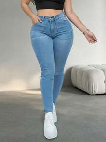 Celana Jeans Wanita Kasual Slim Fit, Kain Elastisitas Tinggi, Panjang Penuh, Dengan Saku Kancing dan Resleting, Cocok Untuk Musim Semi, Musim Gugur, dan Musim Panas - Medium Wash - View 3