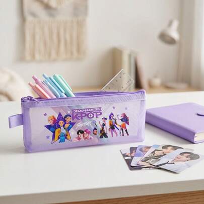  MINISO-Kpop Demon Slayer Huntrix Print Mesh Pencil Case, Transparent Pencil Box, Large Capacity Stationery Bag Suitable For School And Exams, Cute Stationery Organizer For Students And Fan Friends