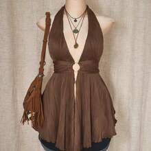 ICON Plus Size Y2K Style Hollow Out Asymmetrical Hem Babydoll Halter Neck Knit Camisole, Summer Tops - Marrón - Ver 1