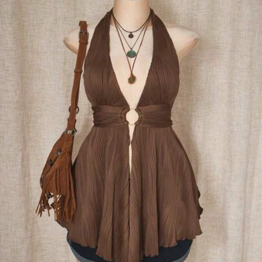 ICON Plus Size Y2K Style Hollow Out Asymmetrical Hem Babydoll Halter Neck Knit Camisole, Summer Tops - Marrón - Ver 1