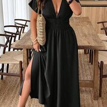 Clasi Plus Size Women Deep V-Neck Solid Short Sleeve Ruched Waist Sexy Vacation Dress - Marrón - Ver 7