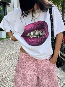 Women's Casual Short Sleeve Lip Print T-Shirt, Summer, Women's Warm Clothing, Elegant Blouses For Women - 白色 - 查看 2