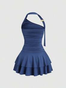 Nuevo diseño de vestido mini para mujer con falda en forma de pastel, cuello halter, y ribete metálico en espiral que estiliza la silueta - Azul marino 2 - Ver 2