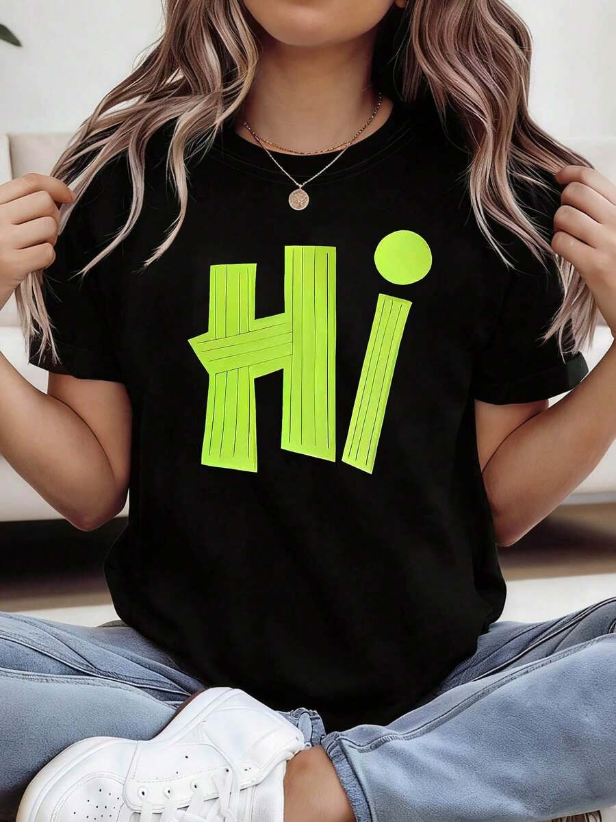 Women's 180g T-Shirt With "Hi" Urban Style Print, Unisex T-Shirt, Warm And Maternal Style, Suitable For Music Festivals, Urban Outings, Parties And Photo Shoots With Friends, Casual Short-Sleeved Clothing For Women. - 黑色 - 查看 1