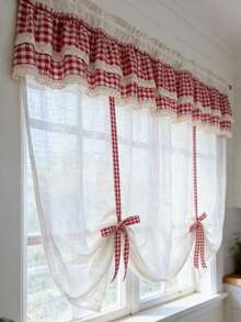 1 pieza Cortina con lazo estilo granja de lino - Elegante cenefa de doble capa con cuadros, ribete de encaje a ganchillo, diseño de persiana romana con lazo, para todas las estaciones, cortina velo transparente con lazo estilo francés para decoración de ventanas en sala de estar, cocina, baño, boda y fiesta - Beis - Ver 7