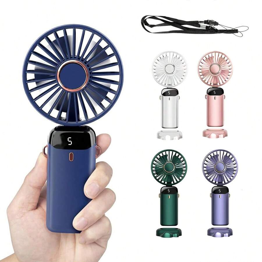 Portable Handheld Electric Fan USB Rechargeable Personal Mini Travel Fans With LED Display & Base 5-Speed Adjustable 3-In-1 Hand/Neck/Desk Cooling Device For Desk Office Bedroom Camping School Supplies - Handheld - View 1