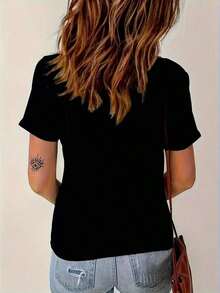 Camiseta informal de mujer con estampado de flores de dibujos animados Camiseta oversize informal para mujer con estampado floral Walking Cartoon Camisetas de Mujer - Negro - Ver 3