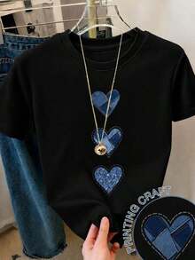 Camiseta casual estampada para mujer, manga corta, cuello redondo, estilo urbano primavera/verano.Oferta por tiempo limitado, unidades limitadas,  flash, camisetas casuales para mujer, poliéster, a la moda. - Negro - Ver 9
