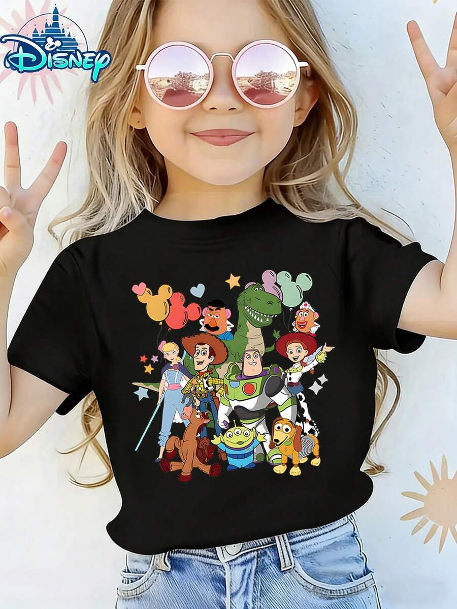Disney Toy Story Printed Short Sleeved T-Shirt, Bath Woody Family Photo Pattern, Animation Fan Gift, Children's Day Gift, Pure Cotton Breathable Children's Clothing - màu đen - Xem 1