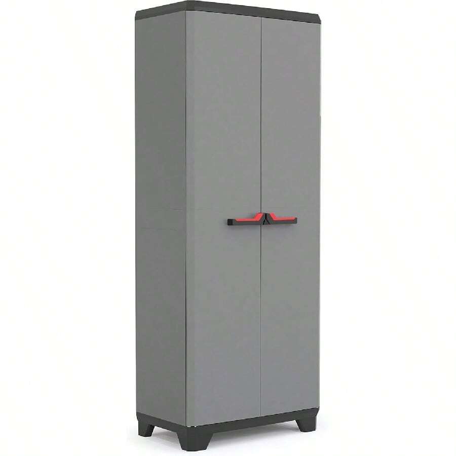 Mobiletto in plastica, alto, LxPxA: 68x39x173 cm, grigio/nero/rosso, incl.3 ripiani regolabili in altezza (max.La capacità di carico è di 15 kg. - Mobile alto - Visualizzare 1