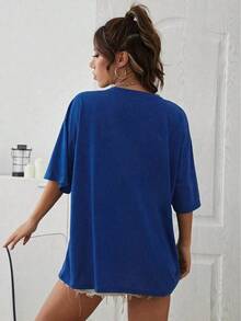 Off-The-Shoulder T-Shirt With Car Print And Slogan - Blue - View 2