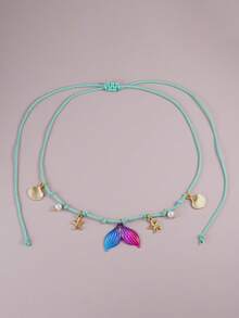 1pc Summer Beach Pendant, Colorful Braided Rope + Gold Chain, Decorated With Mermaid Tail, Seashell, Coconut Tree, Starfish, Sun, Faux Pearl And Turtle Pendants, Suitable For Women's Beach Vacation And Party Wear, Tropical Ocean Style Jewelry - Multicolor - View 11