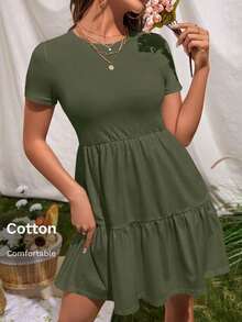 Vestido de punto de manga corta casual con cuello redondo y dobladillo con volantes de unicolor - Verde militar - Ver 8
