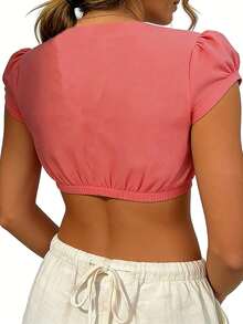 Women Casual Stylish Solid Color Button Super Crop Fit V Neck Short Sleeve Crop T-Shirt For Beach Club Party Night Out Daily Vacation Summer Outfits - 粉色 - 查看 8