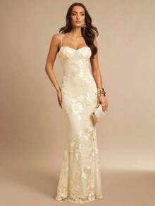 Vestido de tirantes finos maxi ajustado y elegante con diseño floral 3D en color marrón, adecuado para invitada de boda en otoño, fiesta, cóctel, noche, Navidad.Vestido maxi ceñido y con espalda descubierta, apropiado para fiesta de ot - Albaricoque - Ver 7