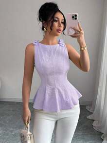 Nueva blusa de dama de talla pequeña con estampado floral tejido, tirantes tipo espagueti, moño en los hombros, volantes en el bajo, versátil, elegante y sofisticada - Morado - Ver 5