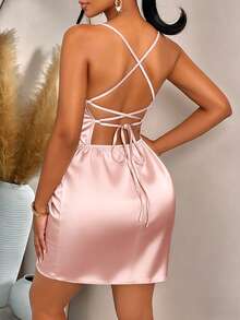AIJ Vestido Mini Amarilo Champagne de Satén con Cuello Fruncido, Tirantes de Espagueti, Frente Retorcido, Espalda Abierta y Cintura con Lazo - Elegante Rosa Fiesta Verano - Rosa - Ver 2