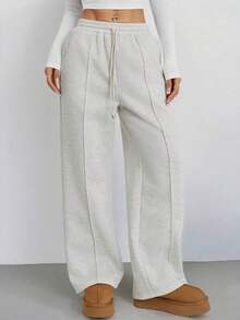 Pantalón de chándal de pierna recta con detalle de guijarro para mujer, mezcla de algodón cómoda - Gris Claro - Ver 8