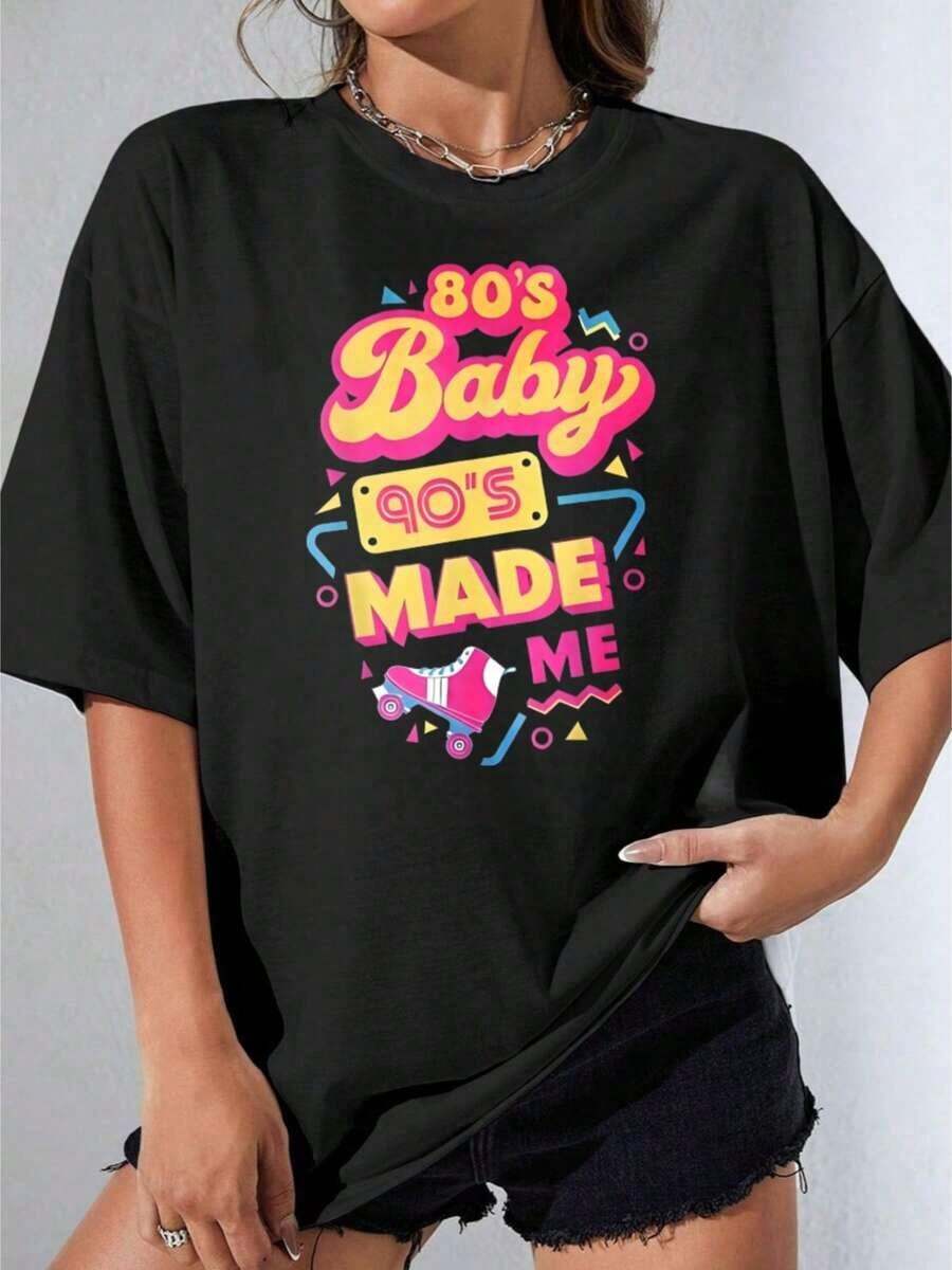 Ladies' Round Neck Printed T-Shirt, 80's Baby 90's Made Me Festival Party Outfits - Black - View 1