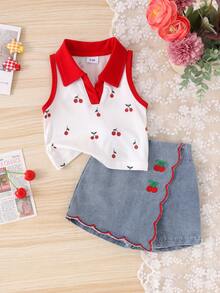 Conjunto de 2 piezas de top casual con bloque de color y falda corta de mezclilla con bordado de cereza para niñas bebé, ligero para verano - Blanco - Ver 1