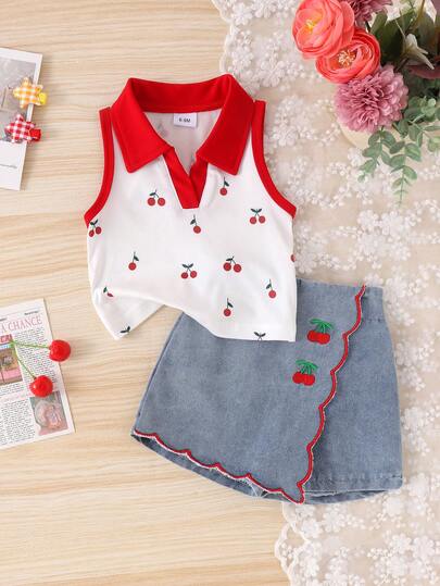 2pcs Baby Girls' Casual Colorblock Collar Top & Cherry Embroidered Denim Skort Set, Lightweight Summer