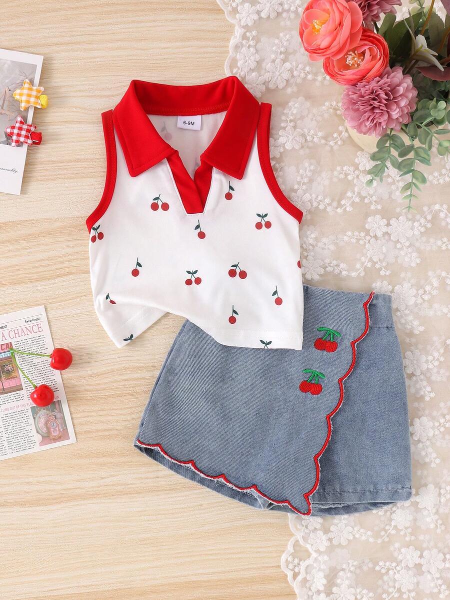 Conjunto de 2 piezas de top casual con bloque de color y falda corta de mezclilla con bordado de cereza para niñas bebé, ligero para verano - Blanco - Ver 1