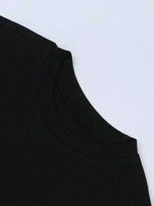 Camiseta casual de mujer de unicolor, cuello redondo, manga corta con bajo asimétrico - Negro - Ver 4